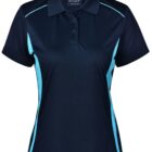 Dark blue polo shirt with light blue side panels and trim.