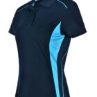 Navy blue polo shirt with light blue accents and short sleeves.