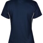 Navy blue short-sleeve polo shirt viewed from the back with white side accents.