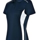 Navy blue polo shirt with white side panels and short sleeves.