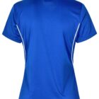 Back view of a blue short-sleeve sports jersey with white side stripes and a collar.