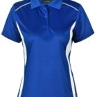 Blue short-sleeve polo shirt with white side panels and buttoned collar.