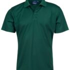 Green polo shirt with a collar and short sleeves, displayed on a plain background.