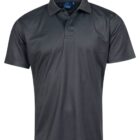 A plain black polo shirt with a collar and three buttons.