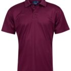 Maroon short-sleeve polo shirt with a collar and button placket.