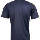 Back view of a plain dark blue short-sleeve polo shirt.
