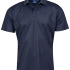 Navy blue short-sleeve polo shirt against a white background.