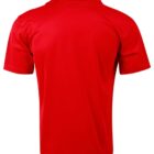 Red collared short-sleeve polo shirt shown from the back.