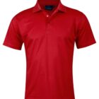 Red polo shirt with short sleeves and a collar on a white background.