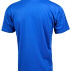 Back view of a plain blue short-sleeve polo shirt on a white background.