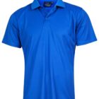 A blue polo shirt with a collar and short sleeves.
