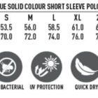 Polo size chart with features: Cooldry fabric, moisture wicking, UV protection, and easy care.