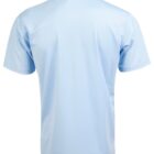 Back view of a plain light blue polo shirt with short sleeves.