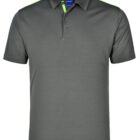 Gray polo shirt with neon green accents on the collar and shoulders.