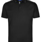 Black polo shirt with a collar and button-up neckline.