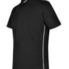Black polo shirt with gray accents on sides and shoulders, shown from a side angle.