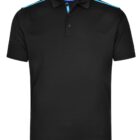 Black polo shirt with blue shoulder stripes and a collar.