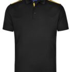 Black polo shirt with yellow accents on the shoulders and collar.