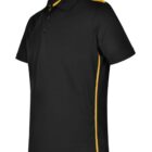 Black polo shirt with yellow stripes on the sides and shoulders.
