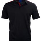 Black polo shirt with red accents on the shoulders and collar.