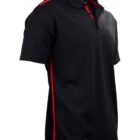 Black sports polo shirt with red accents on the collar and sides.