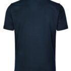 Back view of a dark navy collared polo shirt with short sleeves.