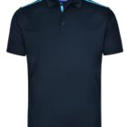 Black polo shirt with blue shoulder stripes and collar detail.