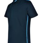 Black polo shirt with blue side stripes and a collar, displayed on a plain background.