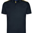 Black polo shirt with yellow shoulder stripes and trim near the buttons.
