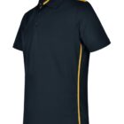 Black polo shirt with yellow stripes on the sides and sleeves.