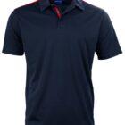 Dark blue polo shirt with red accents on the collar and shoulders.