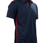 Black polo shirt with red trim and a collar.