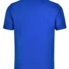 Back view of a plain blue polo shirt with short sleeves.