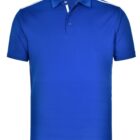 Blue polo shirt with white shoulder stripes and a collar.