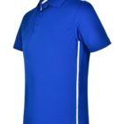 Blue polo shirt with white stripes on the shoulders and sides, viewed from the side.