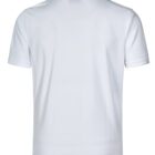 Back view of a plain white short-sleeved polo shirt on a white background.