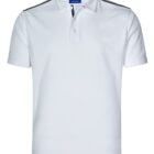 White polo shirt with dark buttons and shoulder stripes on a plain white background.
