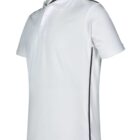 White polo shirt with black stripes on the shoulders and sides, shown from a side angle.