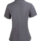 Back view of a grey short-sleeve polo shirt with a collar.