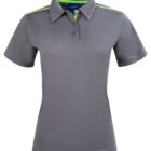 Gray polo shirt with green accents on shoulders and inside collar.