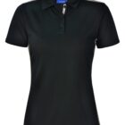 Black polo shirt on white background.