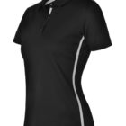 Black short-sleeve polo shirt with white side piping, front view.