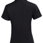 Back view of a plain black short-sleeve polo shirt with a collar.