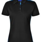 Black polo shirt with blue accents on shoulders, sides, and button placket.