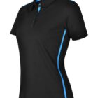 Black polo shirt with blue trim on the sides and collar.