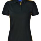 Black polo shirt with yellow accents and blue inside label.