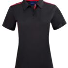 Black polo shirt with red accents on shoulders and sides.