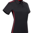 Black polo shirt with red stripes on the sides and shoulders, featuring short sleeves.