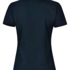 Back view of a plain black polo shirt with a collar and short sleeves.