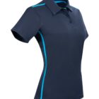 Navy polo shirt with blue side stripes, short sleeves, and a collar.